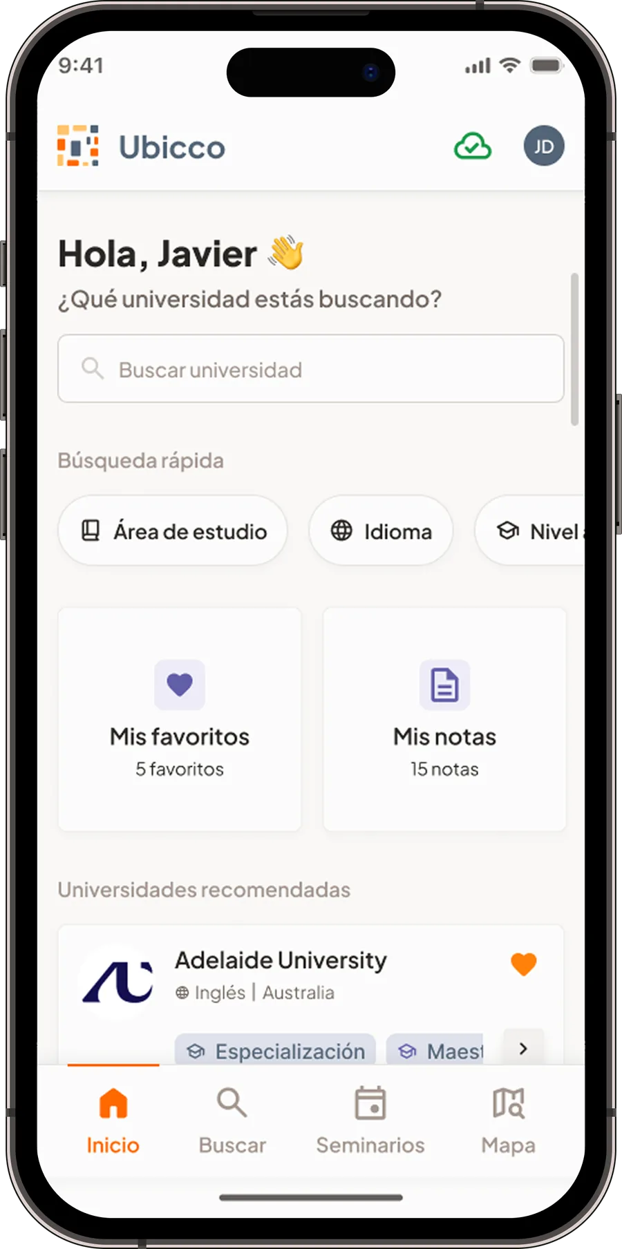 Pantalla de inicio de Ubicco